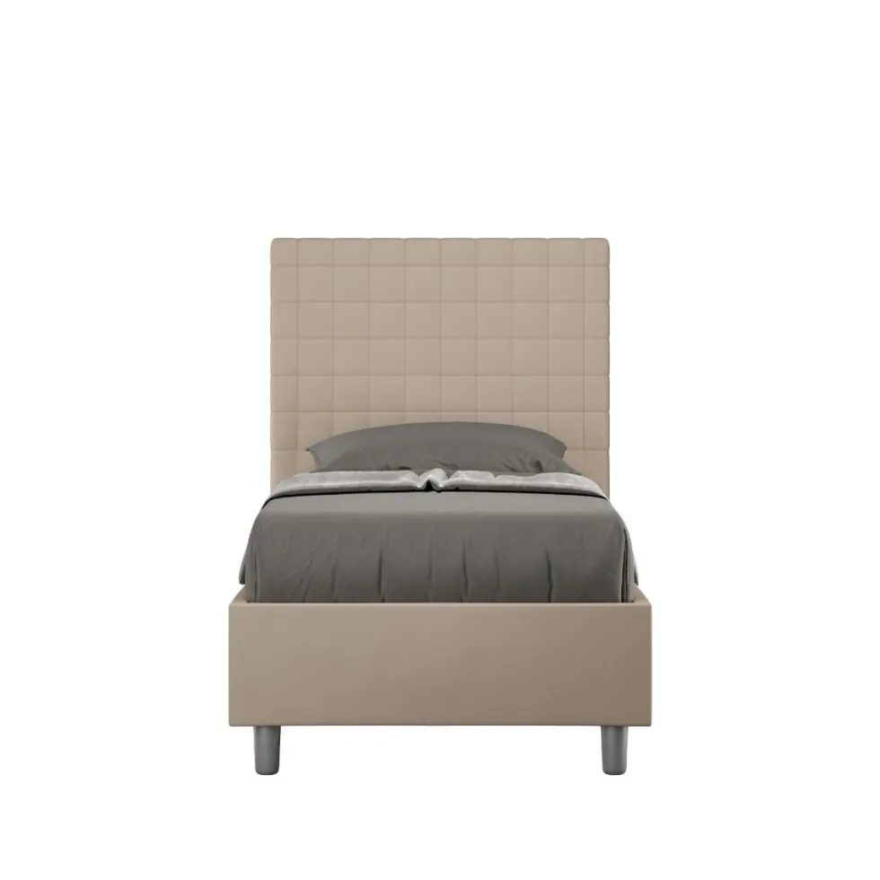 Letto 90x210cm contenitore con testiera a quadretti in similpelle tortora LIT128