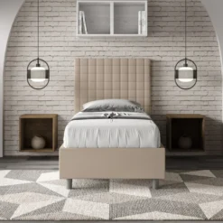 Letto 90x210cm contenitore con testiera a quadretti in similpelle tortora LIT128