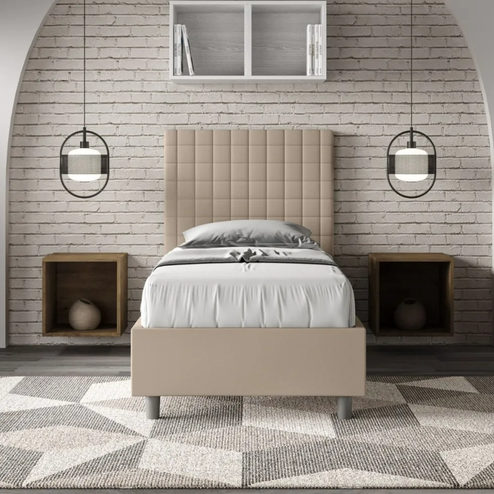 Letto 90x210cm contenitore con testiera a quadretti in similpelle tortora LIT128