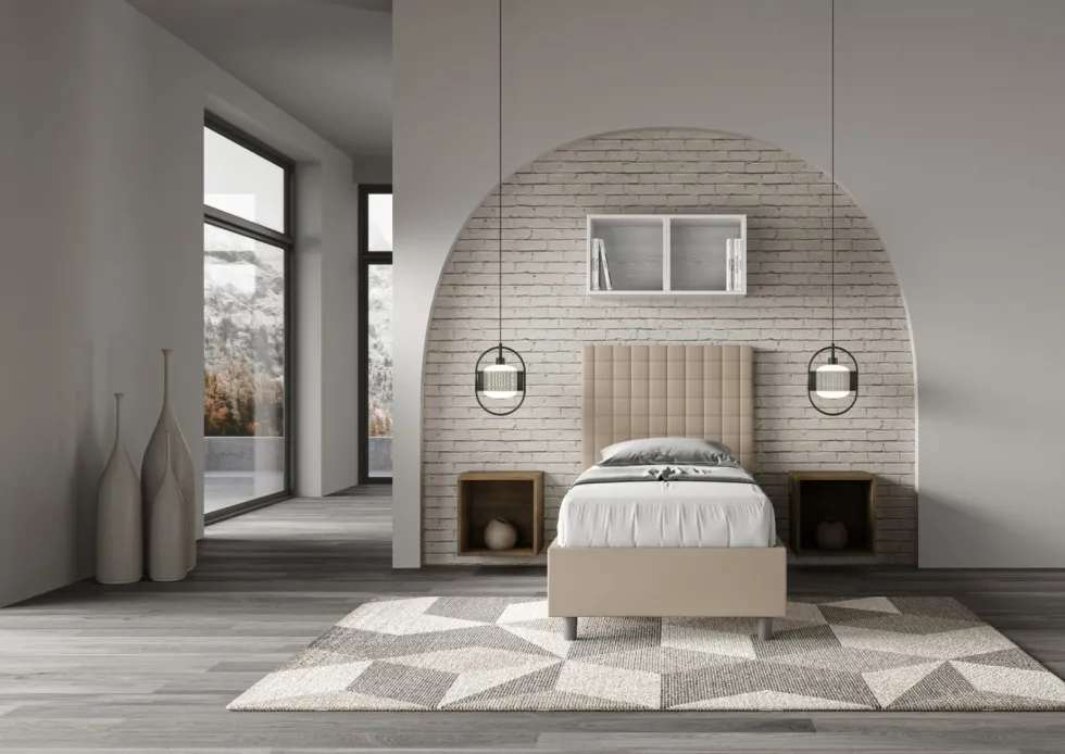 Letto 90x210cm contenitore con testiera a quadretti in similpelle tortora LIT128