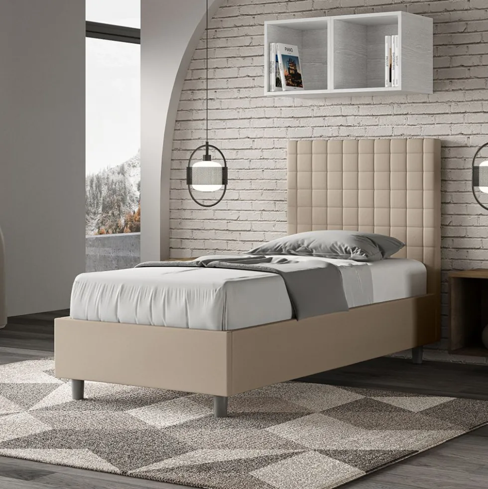 Letto 90x210cm contenitore con testiera a quadretti in similpelle tortora LIT128