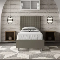 Letto 90x210cm contenitore con testiera a quadretti in similpelle cappuccino LIT128