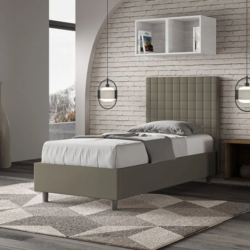 Letto 90x210cm contenitore con testiera a quadretti in similpelle cappuccino LIT128