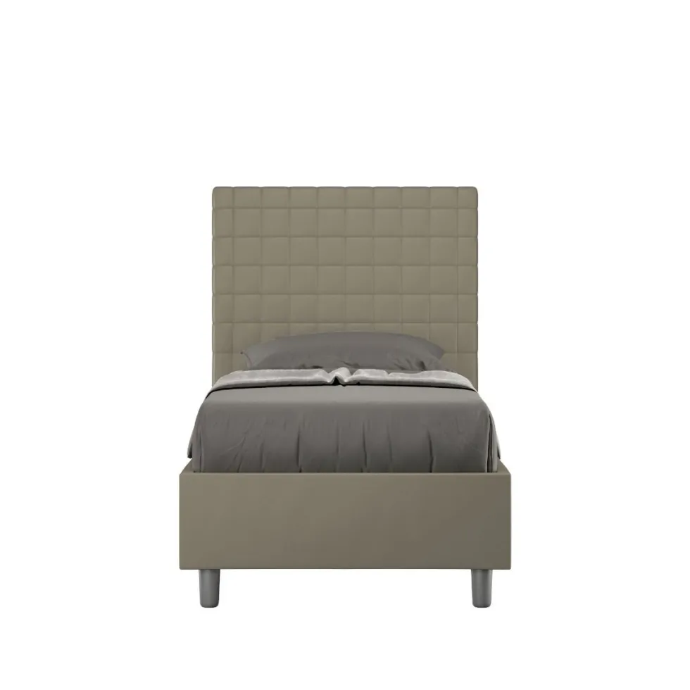 Letto 80x200cm contenitore con testiera a quadretti in similpelle cappuccino LIT64