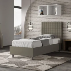 Letto 80x200cm contenitore con testiera a quadretti in similpelle cappuccino LIT64