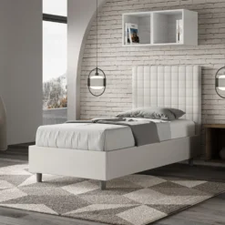 Letto 80x200cm contenitore con testiera a quadretti in similpelle bianco LIT64