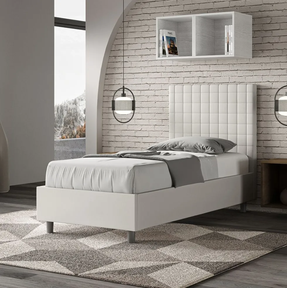 Letto 80x200cm contenitore con testiera a quadretti in similpelle bianco LIT64