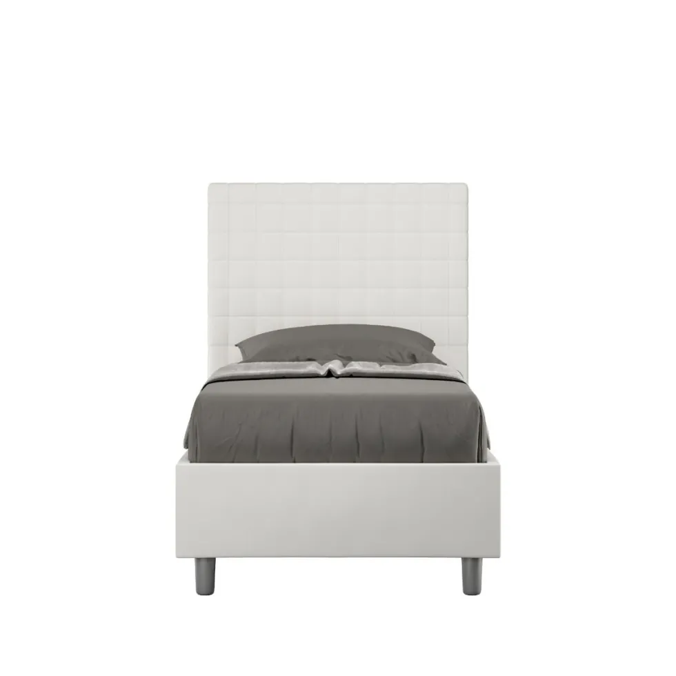 Letto 80x200cm contenitore con testiera a quadretti in similpelle bianco LIT64