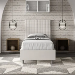 Letto 80x200cm contenitore con testiera a quadretti in similpelle bianco LIT64