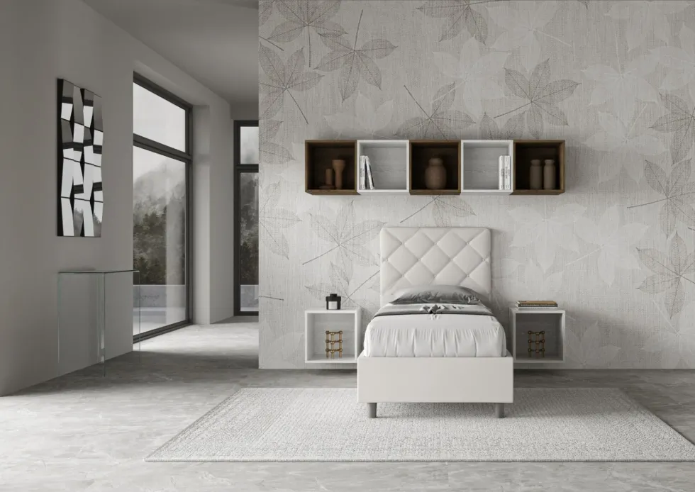 Letto 90x210cm contenitore con testiera a rombo bianco LIT134