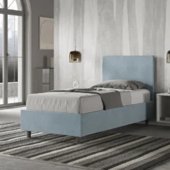Letto 90x210cm contenitore con testiera liscia in microfibra azzurro LIT104