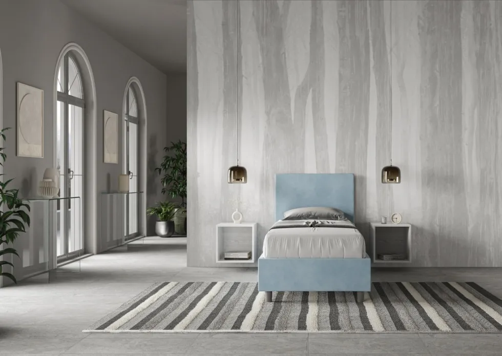 Letto 90x210cm contenitore con testiera liscia in microfibra azzurro LIT104