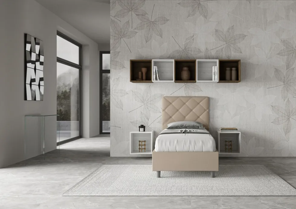 Letto 80x210cm contenitore con testiera trapuntata design a rombo tortora LIT72