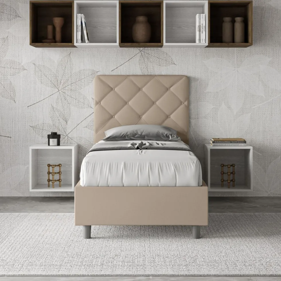 Letto 80x210cm contenitore con testiera trapuntata design a rombo tortora LIT72