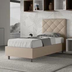 Letto 80x210cm contenitore con testiera trapuntata design a rombo tortora LIT72