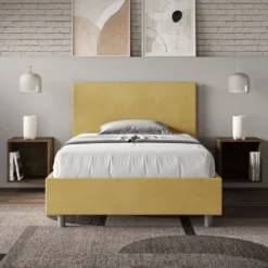 Letto 120x210cm contenitore con testiera in microfibra ocra LIT158
