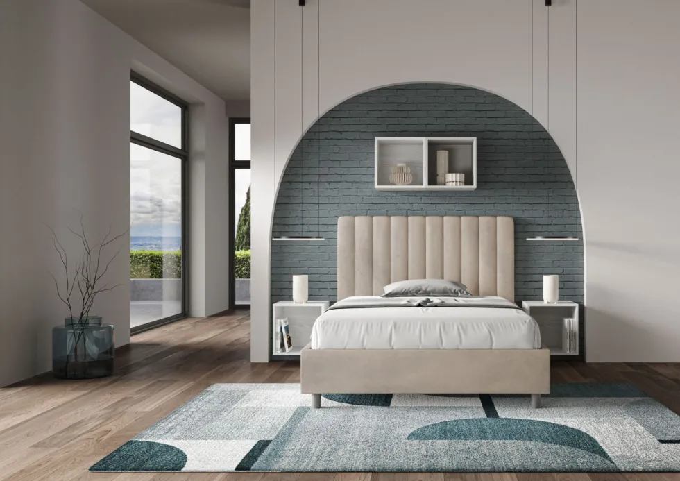 Letto 120x190cm contenitore con testiera trapuntata in microfibra sabbia LIT228