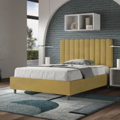 Letto 120x190cm contenitore con testiera trapuntata in microfibra ocra LIT228