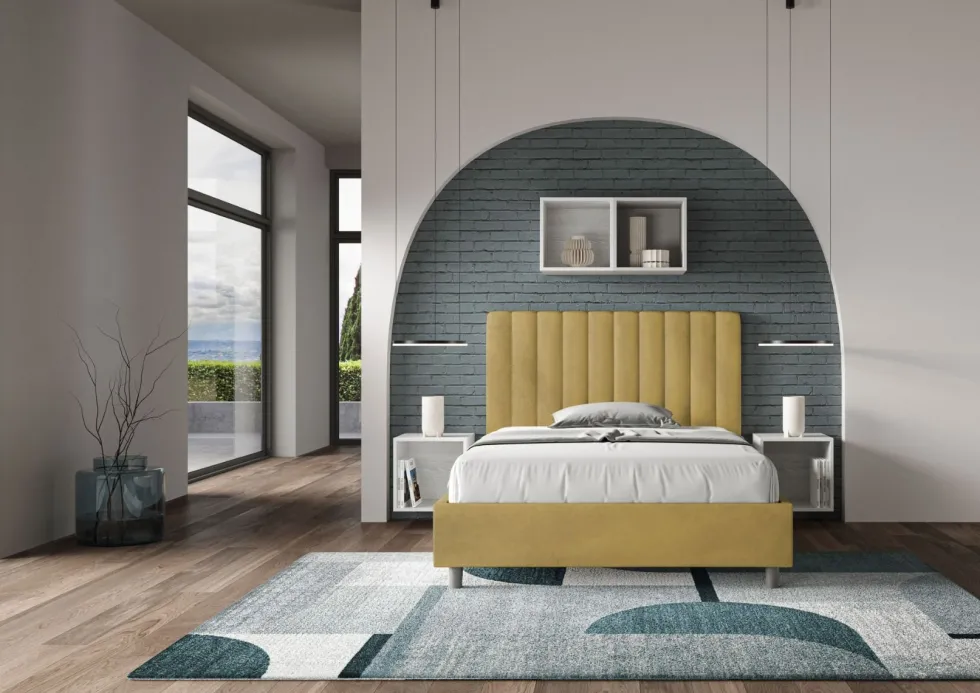 Letto 120x190cm contenitore con testiera trapuntata in microfibra ocra LIT228