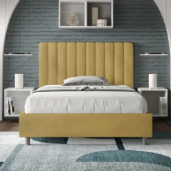 Letto 120x190cm contenitore con testiera trapuntata in microfibra ocra LIT228