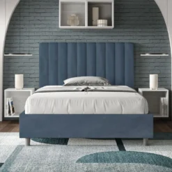 Letto 120x190cm contenitore con testiera trapuntata in microfibra blu LIT228