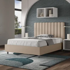 Letto 120x190cm contenitore con testiera trapuntata in similpelle tortora LIT226