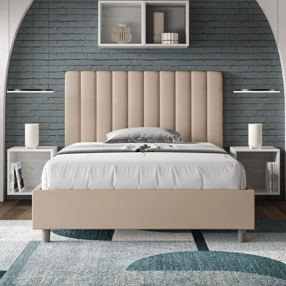 Letto 120x190cm contenitore con testiera trapuntata in similpelle tortora LIT226
