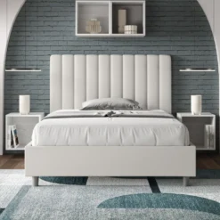 Letto 120x190cm contenitore con testiera trapuntata in similpelle bianco LIT226