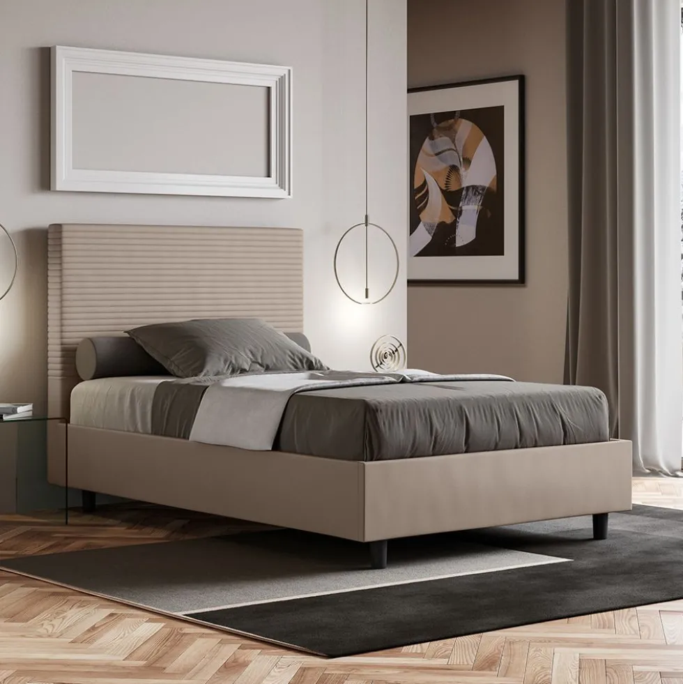 Letto 120x200cm contenitore con testiera trapuntata tortora LIT204