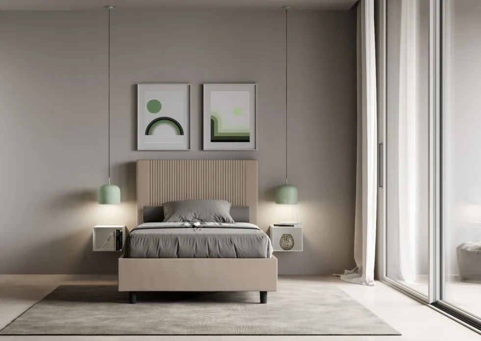 Letto 120x190cm contenitore con testiera a linee verticali tortora LIT220