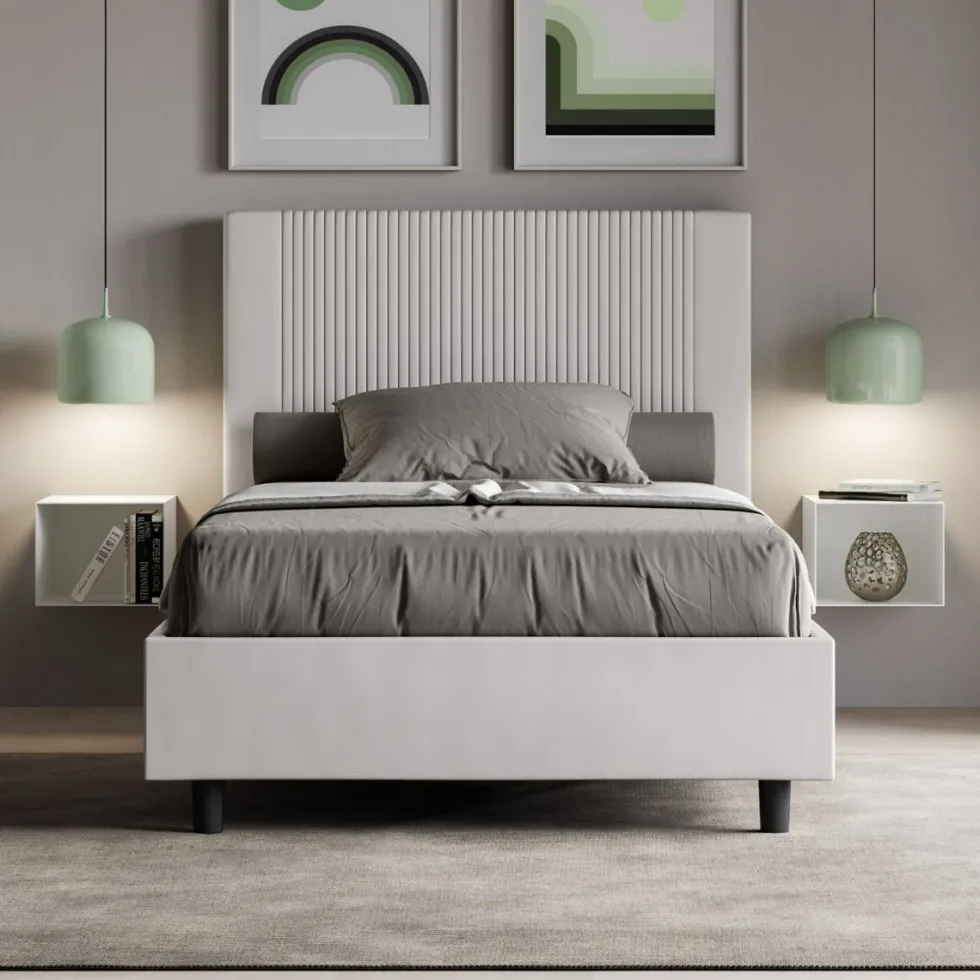 Letto 120x190cm contenitore con testiera a linee verticali bianco LIT220