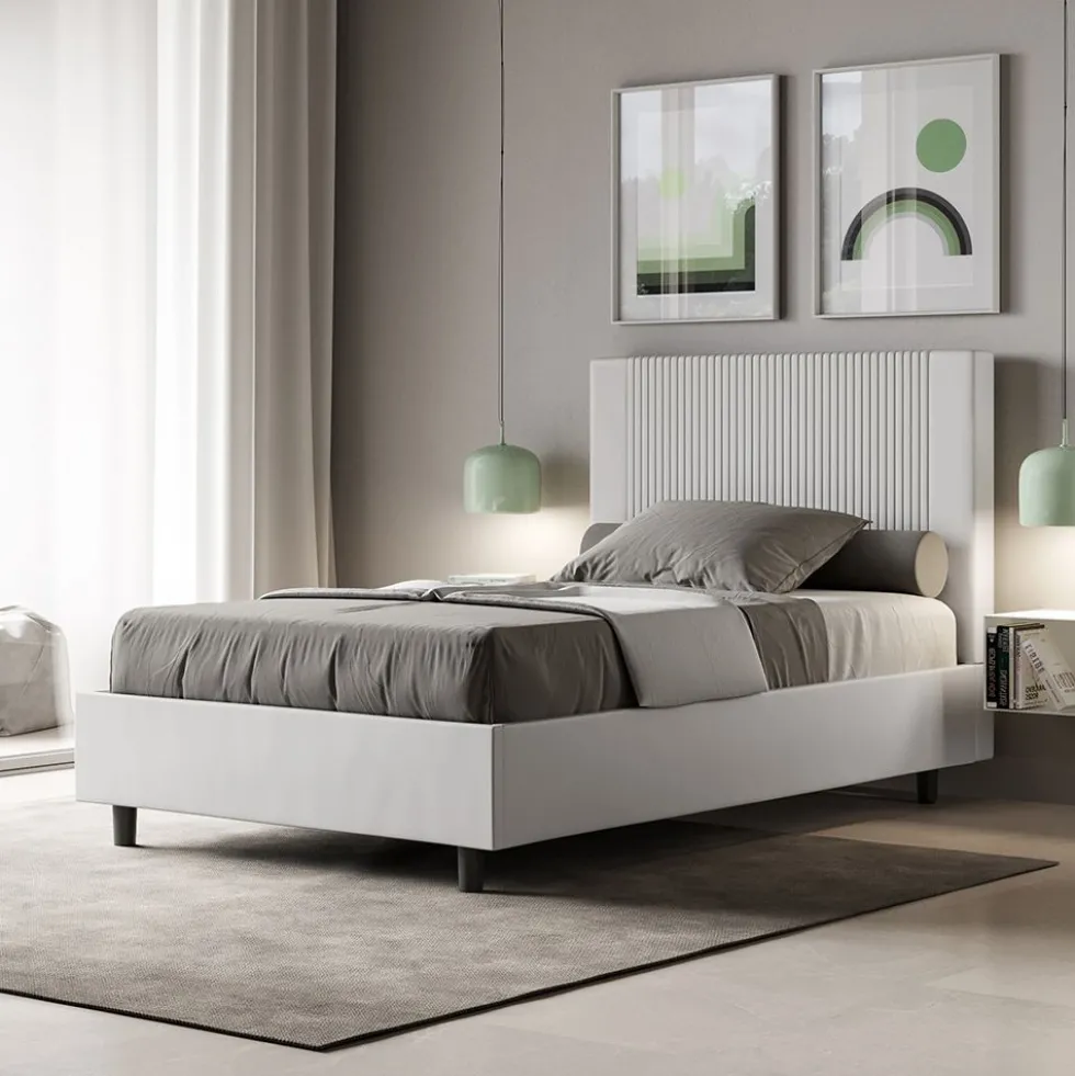 Letto 120x190cm contenitore con testiera a linee verticali bianco LIT220