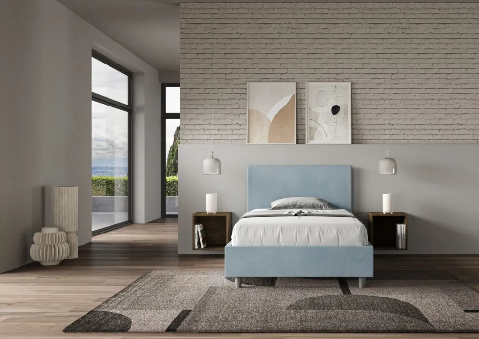 Letto 120x200cm contenitore con testiera in microfibra azzurro LIT154