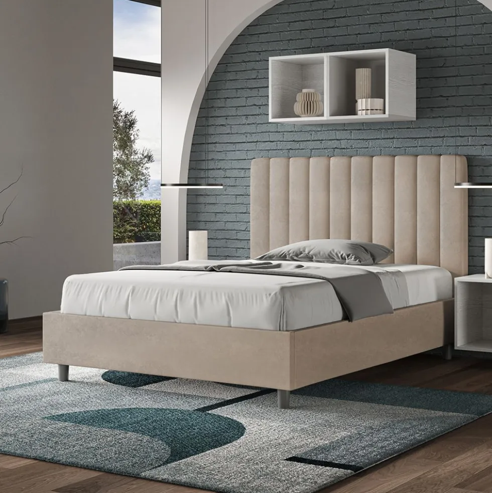 Letto 120x210cm contenitore con testiera trapuntata in microfibra sabbia beige LIT236