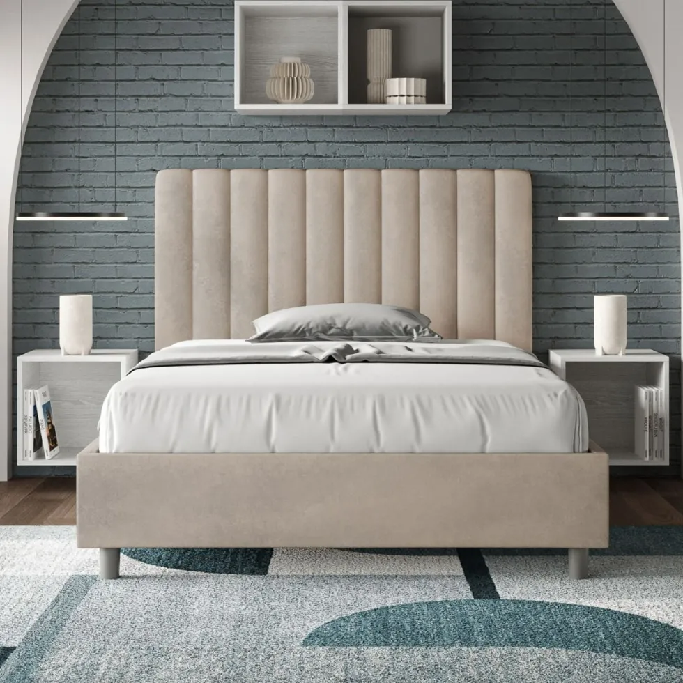 Letto 120x210cm contenitore con testiera trapuntata in microfibra sabbia beige LIT236