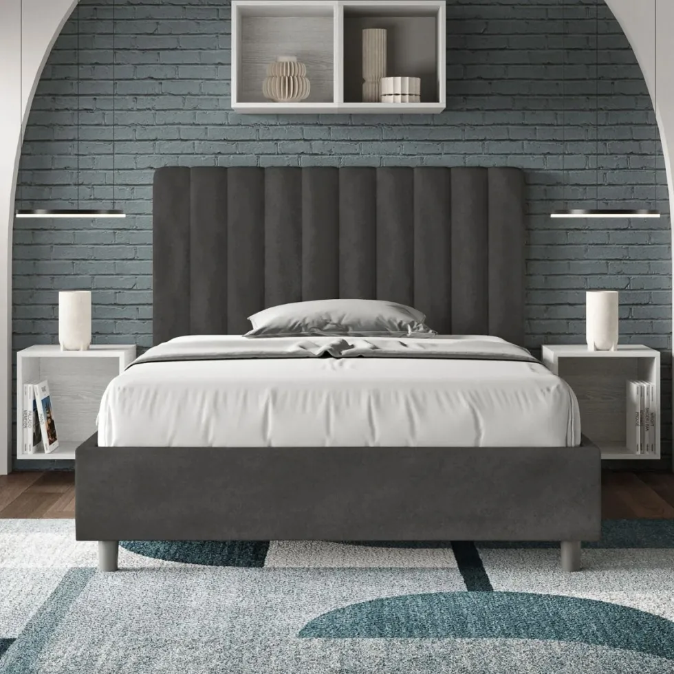 Letto 120x210cm contenitore con testiera trapuntata in microfibra grigio LIT236