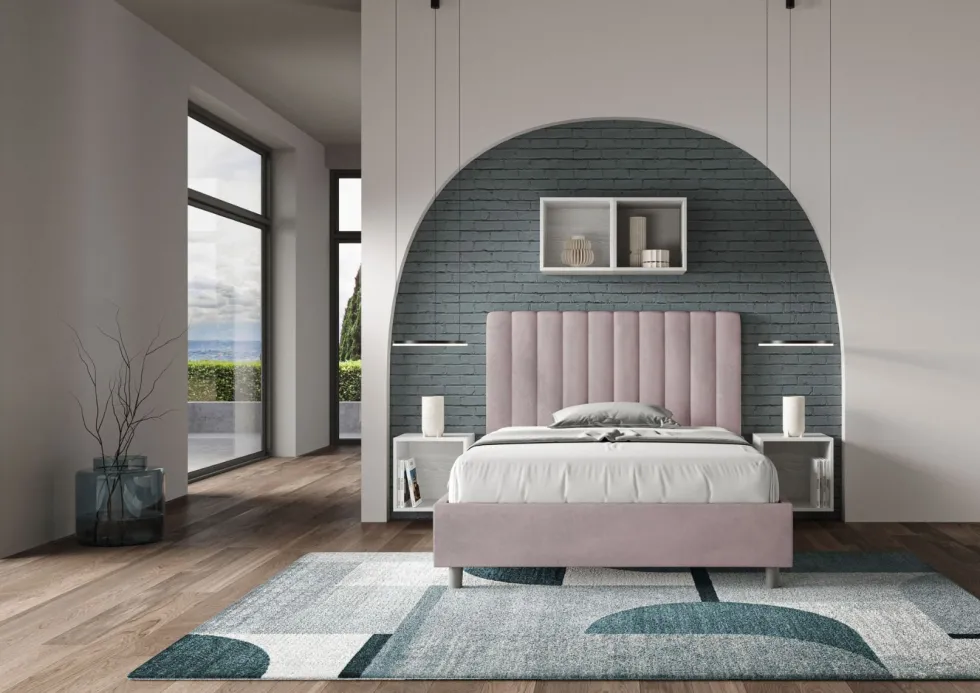 Letto 120x210cm contenitore con testiera trapuntata in microfibra glicine lilla LIT236
