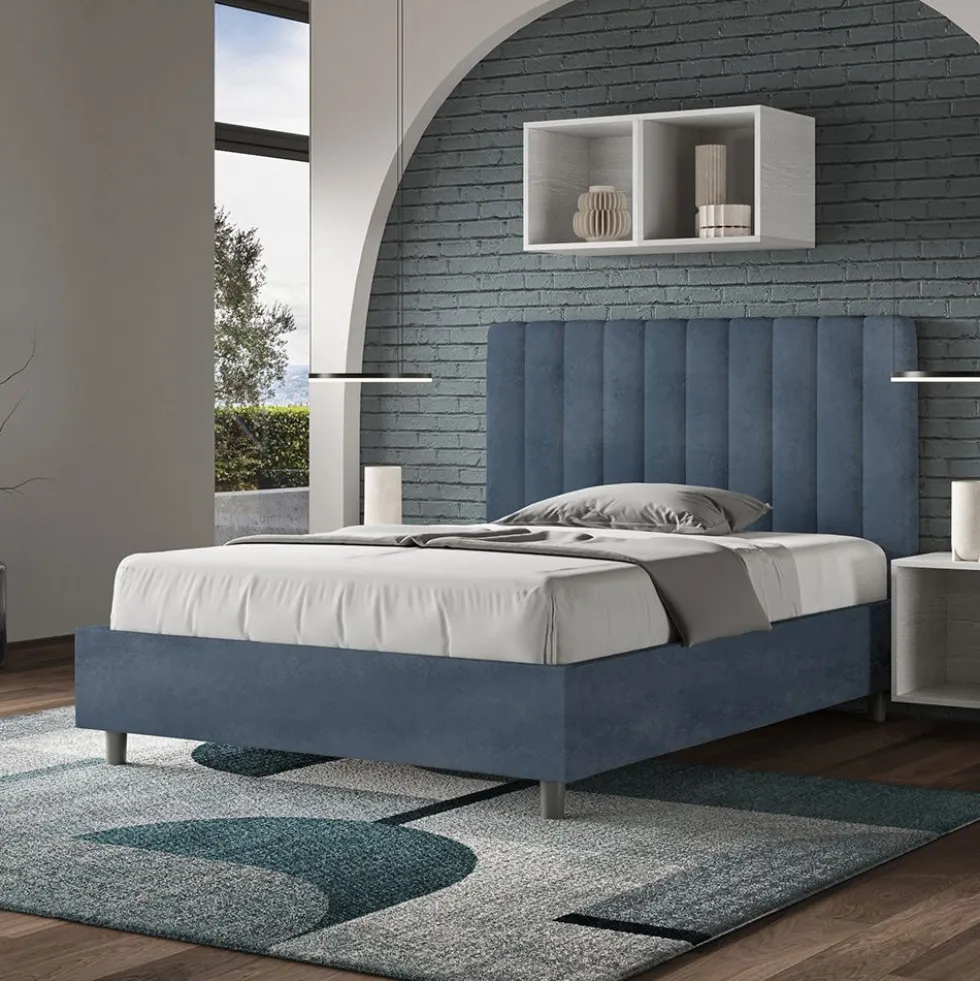 Letto 120x210cm contenitore con testiera trapuntata in microfibra blu LIT236