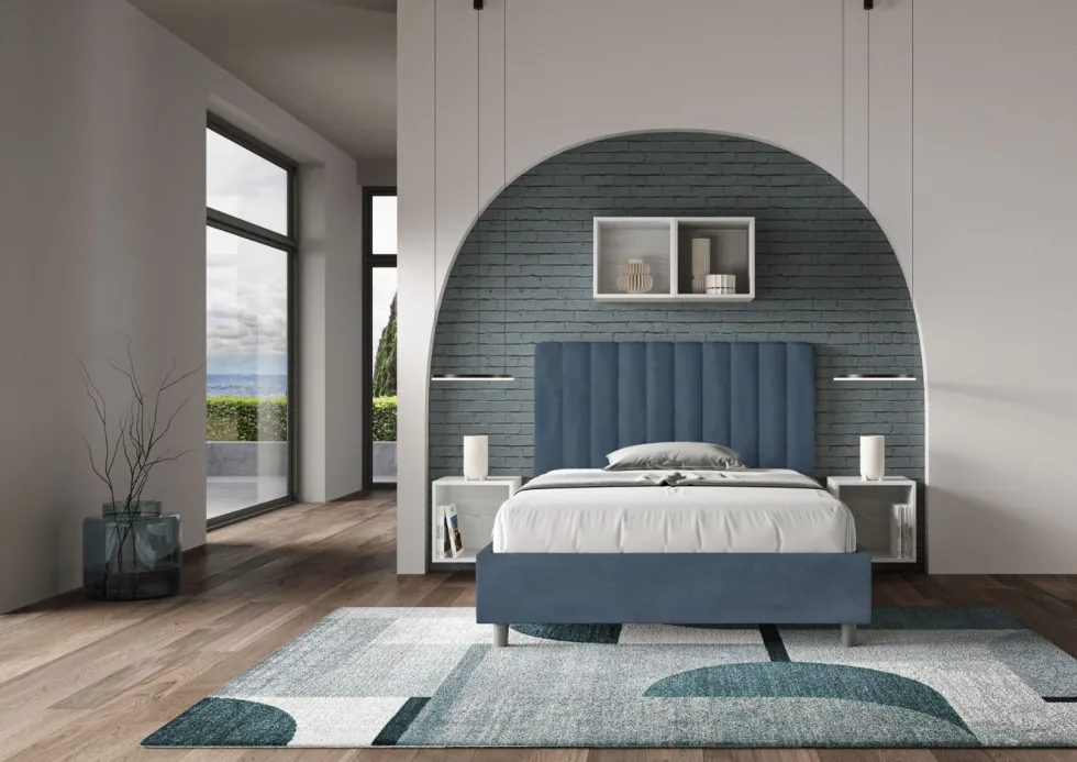 Letto 120x210cm contenitore con testiera trapuntata in microfibra blu LIT236