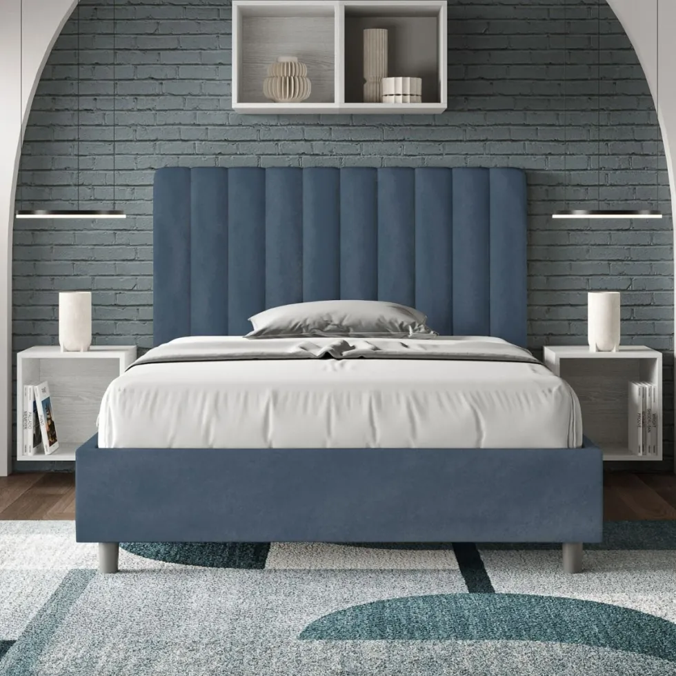 Letto 120x210cm contenitore con testiera trapuntata in microfibra blu LIT236