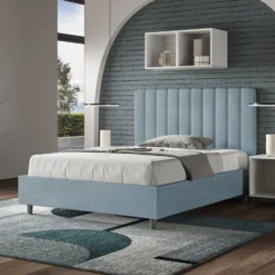 Letto 120x210cm contenitore con testiera trapuntata in microfibra azzurro LIT236