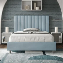 Letto 120x210cm contenitore con testiera trapuntata in microfibra azzurro LIT236