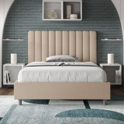 Letto 120x210cm contenitore con testiera trapuntata in similpelle tortora LIT234
