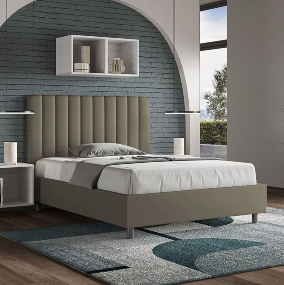 Letto 120x210cm contenitore con testiera trapuntata in similpelle cappuccino LIT234