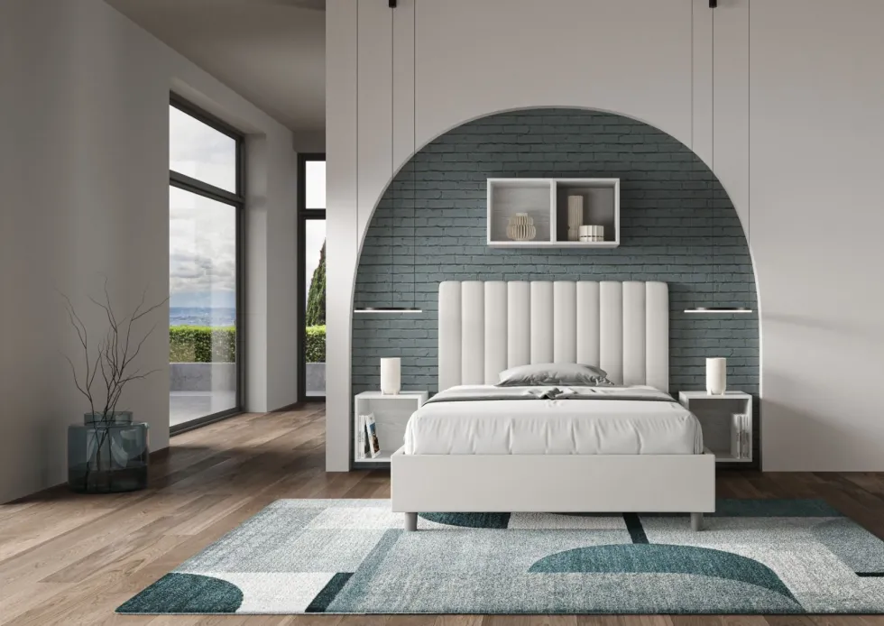 Letto 120x210cm contenitore con testiera trapuntata in similpelle bianco LIT234