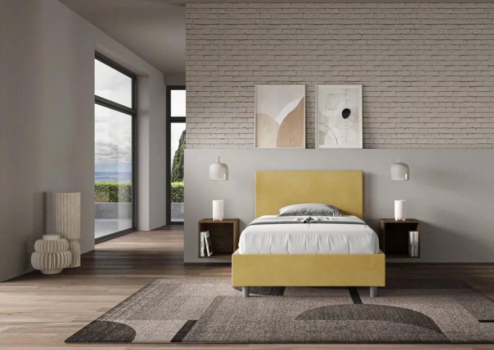 Letto 120x190cm contenitore con testiera in microfibra ocra LIT150