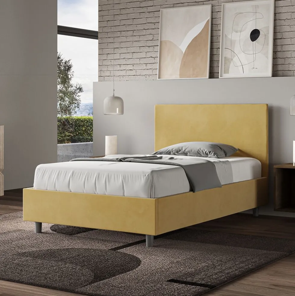 Letto 120x190cm contenitore con testiera in microfibra ocra LIT150