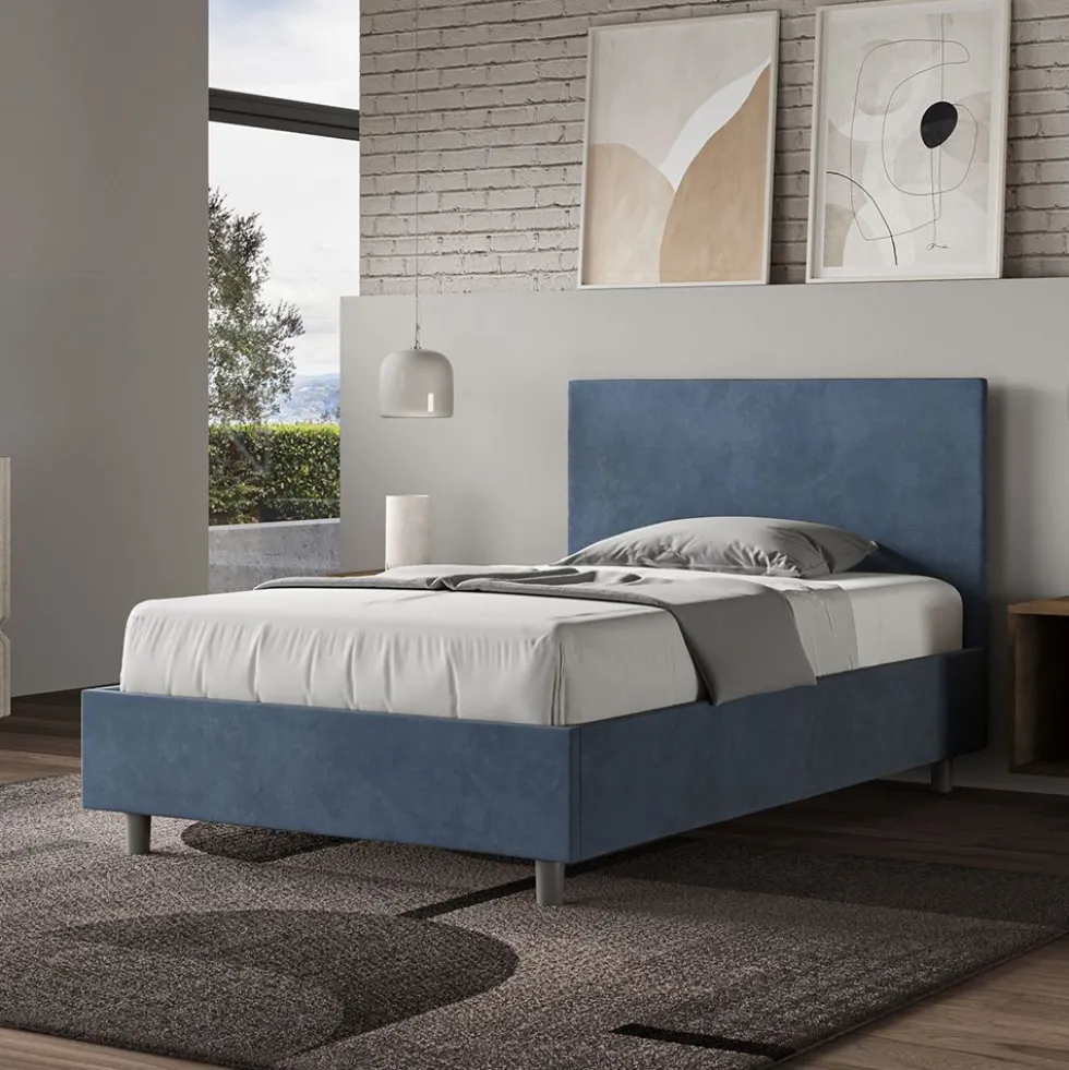 Letto 120x190cm contenitore con testiera in microfibra blu LIT150