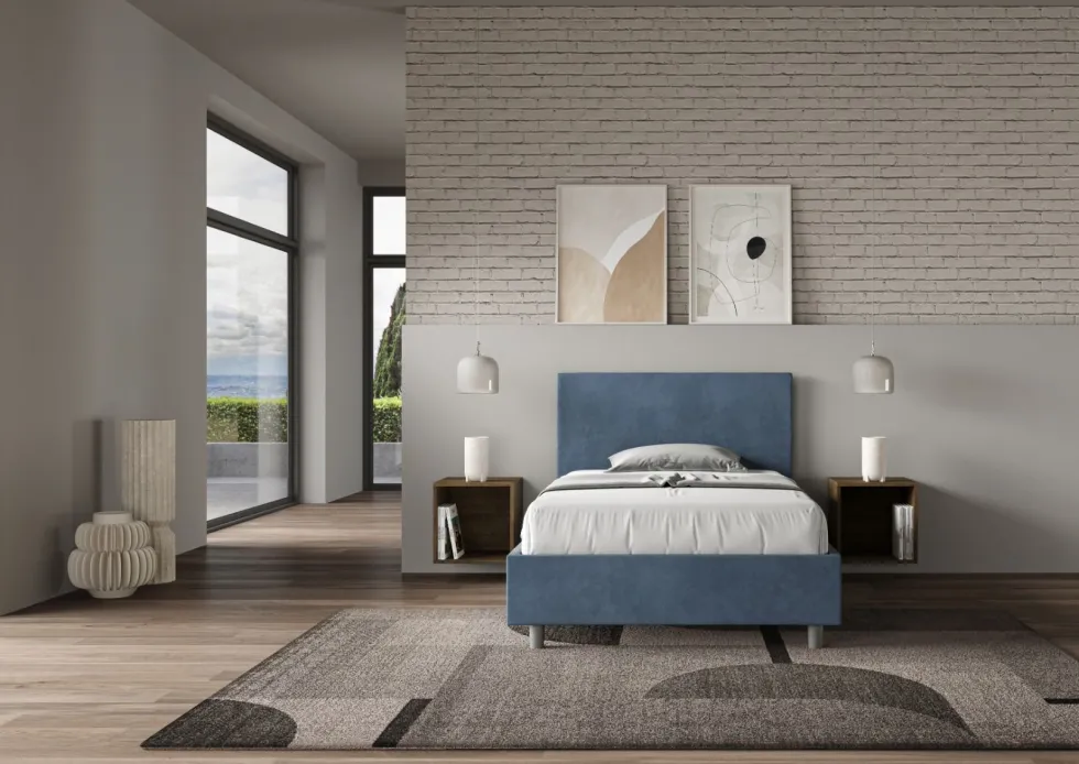 Letto 120x190cm contenitore con testiera in microfibra blu LIT150