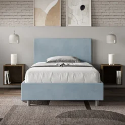 Letto 120x190cm contenitore con testiera in microfibra azzurro LIT150